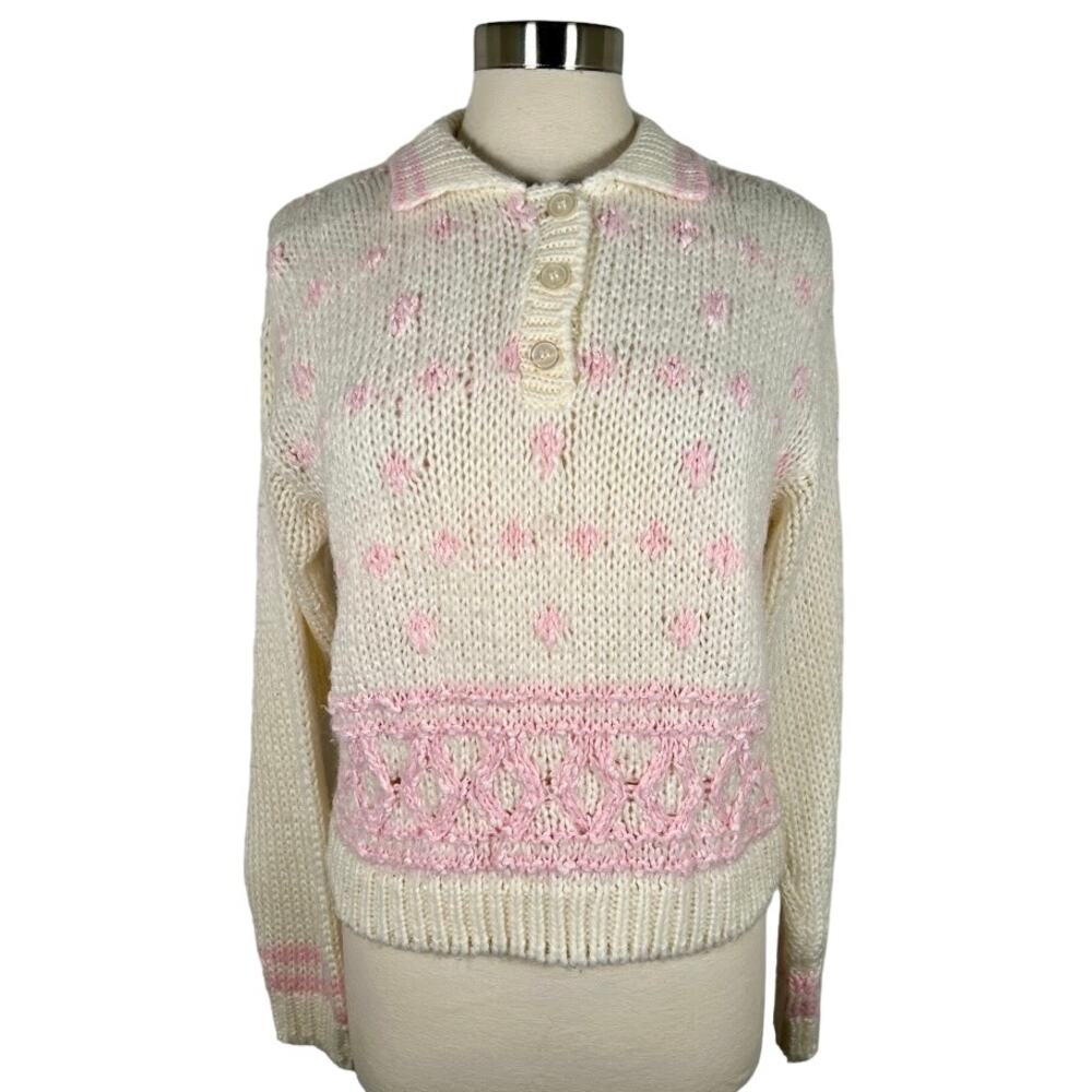 Vintage Helium Acrylic Knit Three Button Pullover Sweater L Long Sleeve Granny
